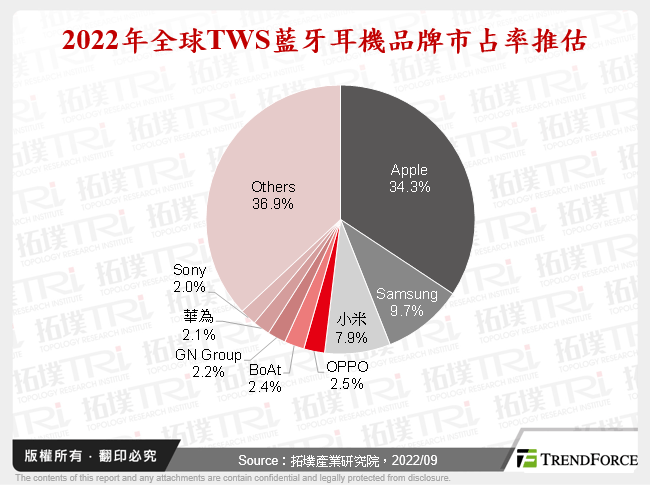 2022年全球TWS藍牙耳機品牌市占率推估
