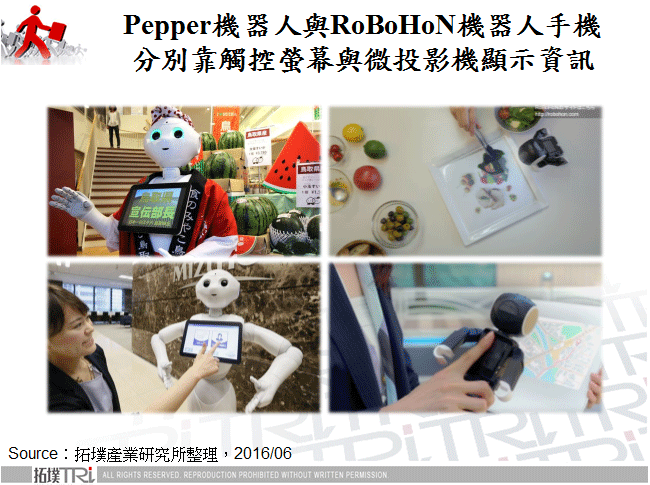 Pepper機器人與RoBoHoN機器人手機分別靠觸控螢幕與微投影機顯示資訊  