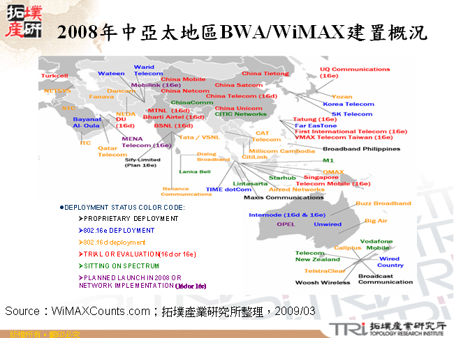2008年中亞太地區BWA/WiMAX建置概況
