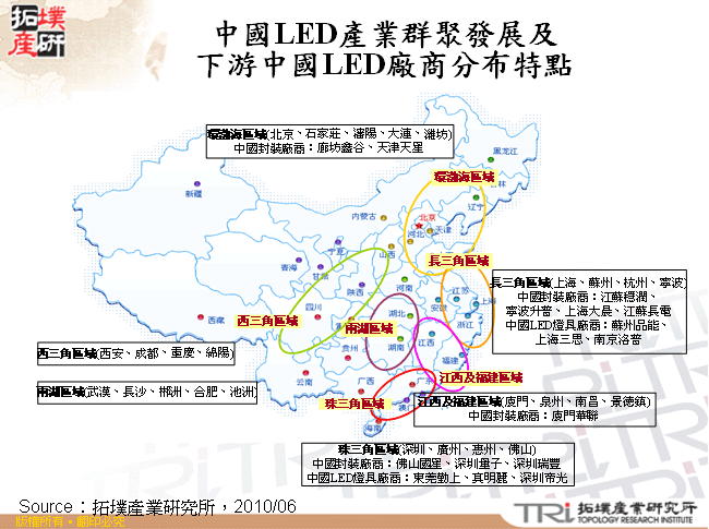 中國LED產業群聚發展及下游中國LED廠商分布特點